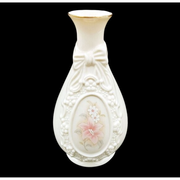Cameo Ribbon Vase Royal Heritage Hand-Painted Floral Design Bow 6 Inch Vintage - Picture 1 of 16